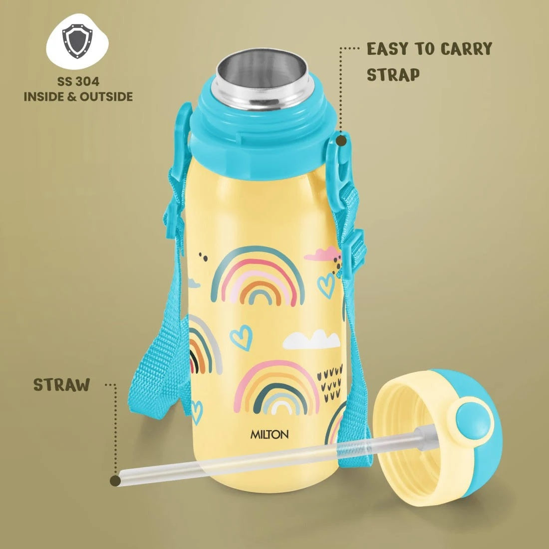 MILTON Companion 450 Insulated One Click Flip Lid Water Bottle 435ml with Straw Kids 435 ml Bottle (Pack of 1, Yellow, Plastic)