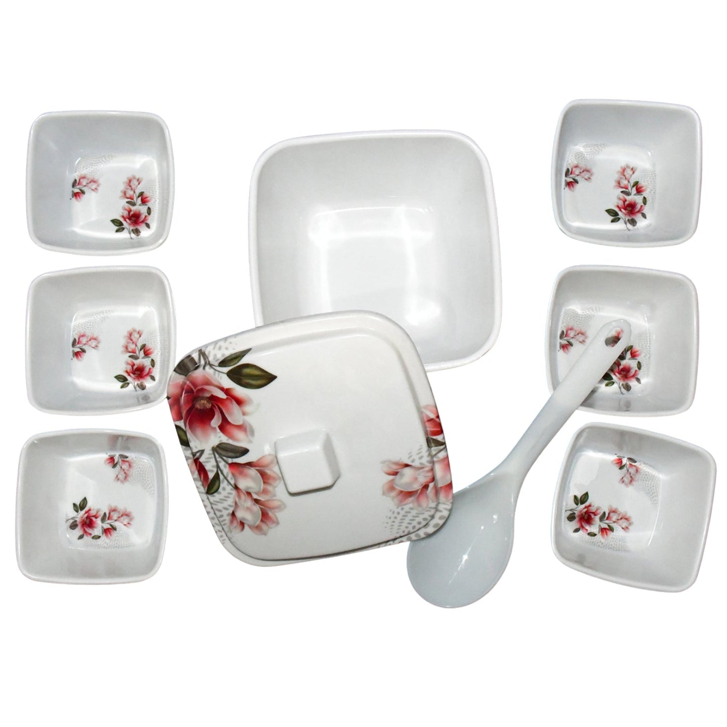 Hector 9-Piece Melamine Bowl Set with Lid and Serving Spoon - Floral Design
