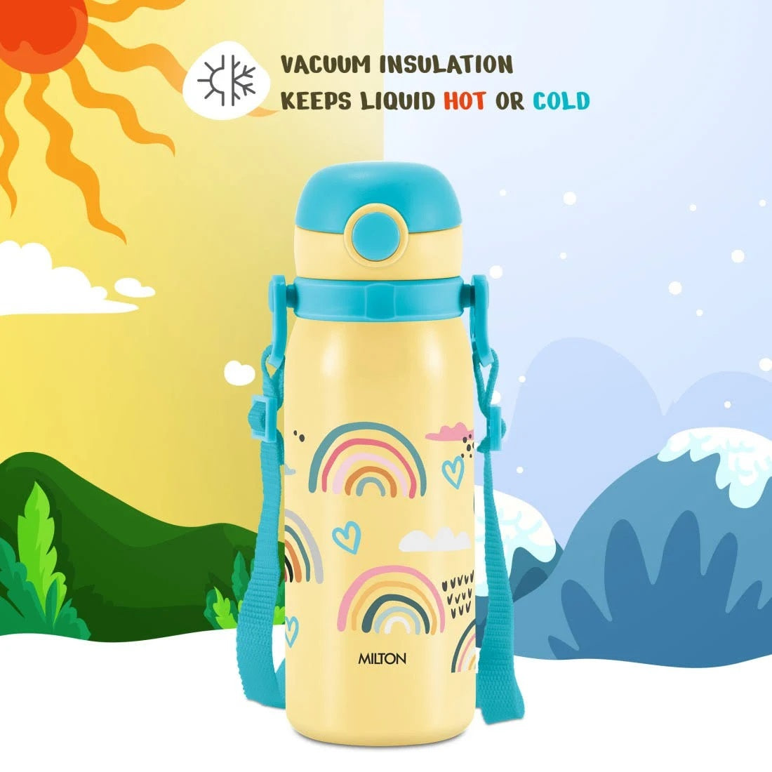 MILTON Companion 450 Insulated One Click Flip Lid Water Bottle 435ml with Straw Kids 435 ml Bottle (Pack of 1, Yellow, Plastic)