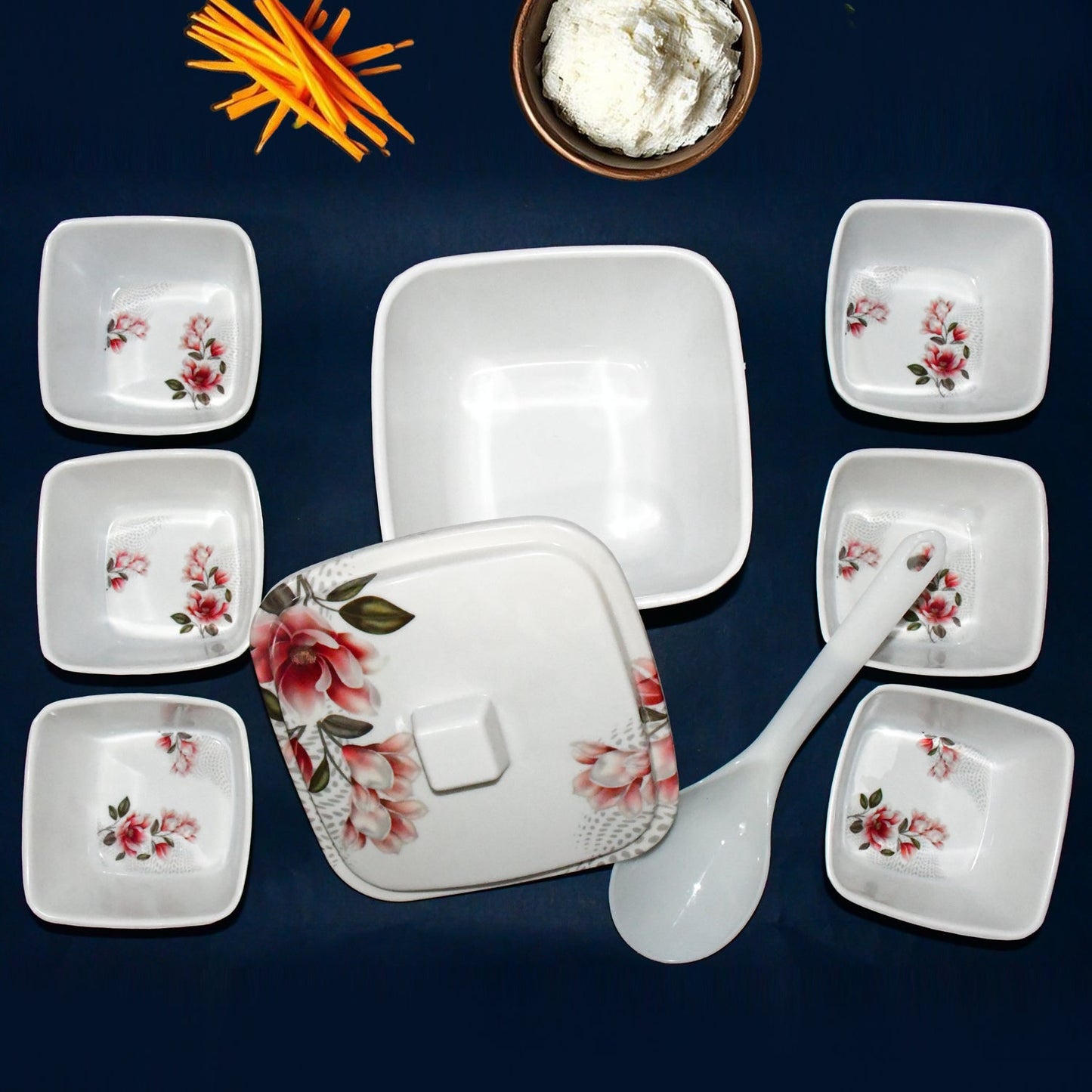 Hector 9-Piece Melamine Bowl Set with Lid and Serving Spoon - Floral Design