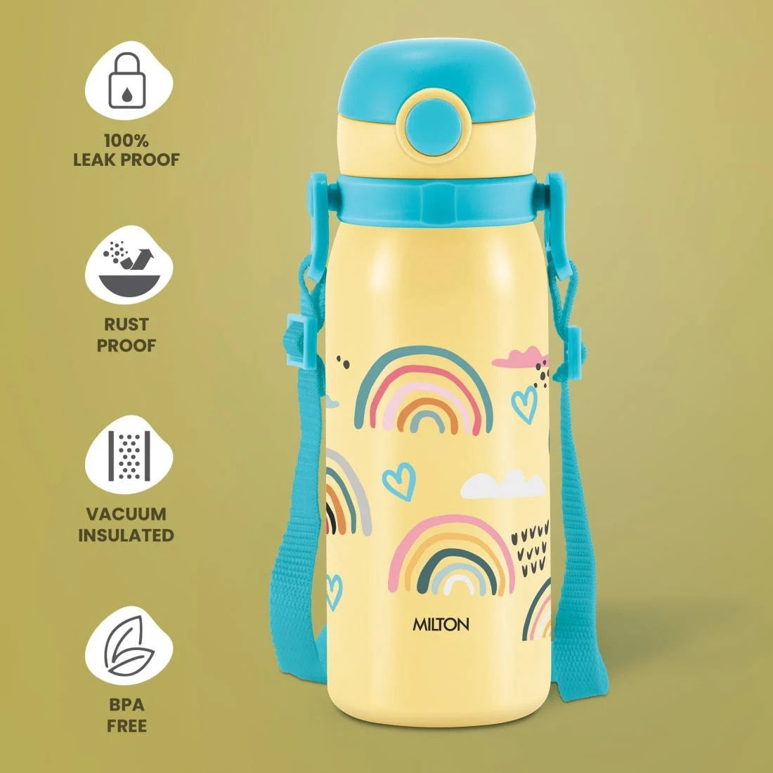 MILTON Companion 450 Insulated One Click Flip Lid Water Bottle 435ml with Straw Kids 435 ml Bottle (Pack of 1, Yellow, Plastic)