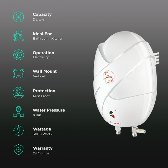 BAJAJ Flora 3 Litres Instant Water Geyser (3000 Watts, White)