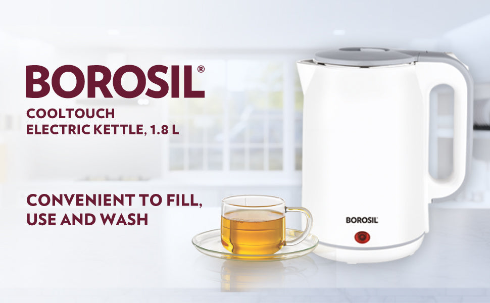 Borosil Cooltouch Electric Kettle, Stainless Steel Inner Body, Boil Water For Tea, Coffee, Soup, Silver, 1800 Watts, 1.8 Liter