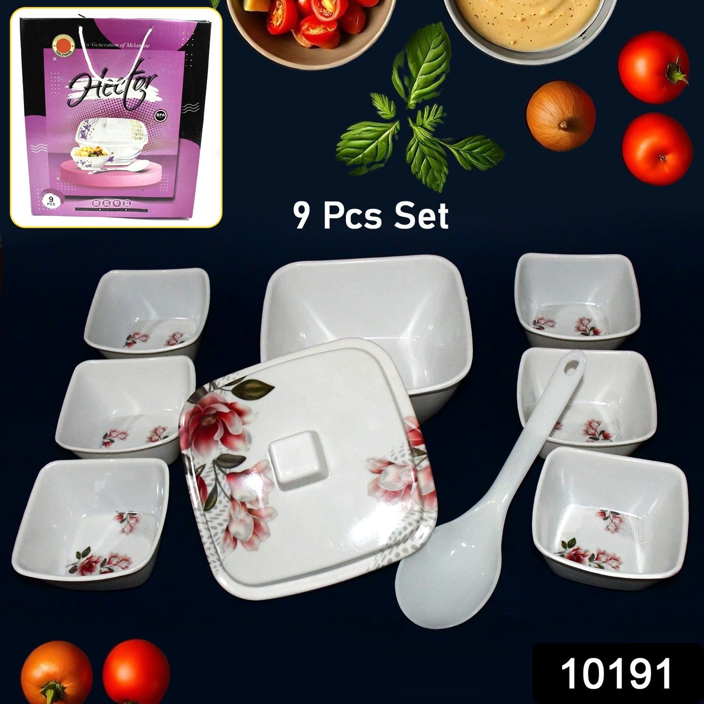 Hector 9-Piece Melamine Bowl Set with Lid and Serving Spoon - Floral Design