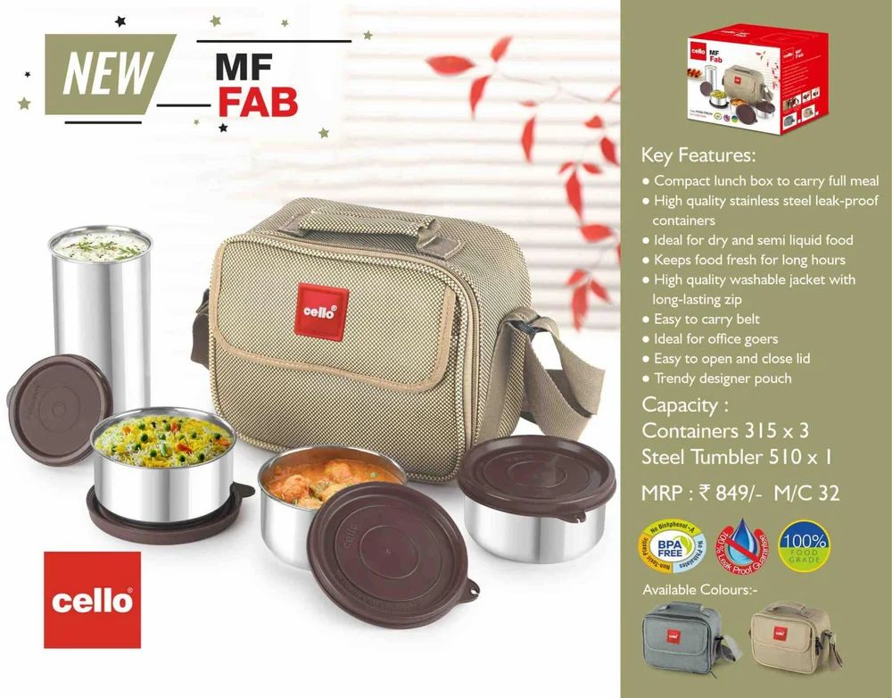 Cello MF Fab Stainless Steel Lunch Box Set with Designer Pouch – Leak-Proof, Durable & BPA Free (3 Containers + 1 Tumbler)
