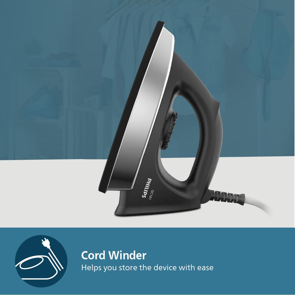 PHILIPS Stainless_Steel Heavyweight Dry Iron Gc181/80-1000 Watts Power, Black Non-Stick Soleplate, Ergonomic Grip