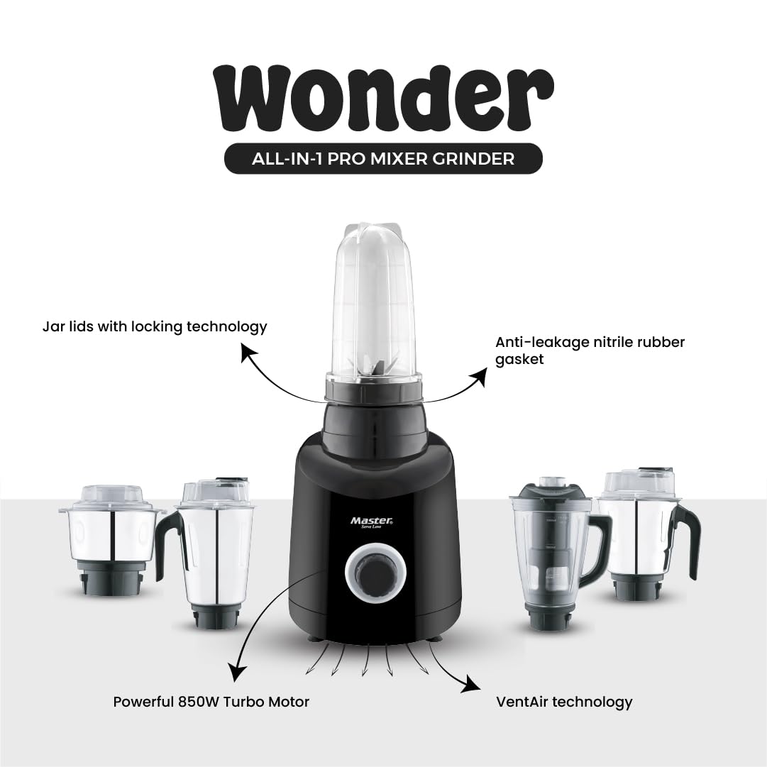 Master Wonder Mixer Grinder, unique VentAir Turbo Powerful 850W, Ultra Grind Technology, 5 Jars (3 Stainless Steel + 2 Polycarbonate), Black, 3 Years Product Warranty, 5 Years Motor Warranty