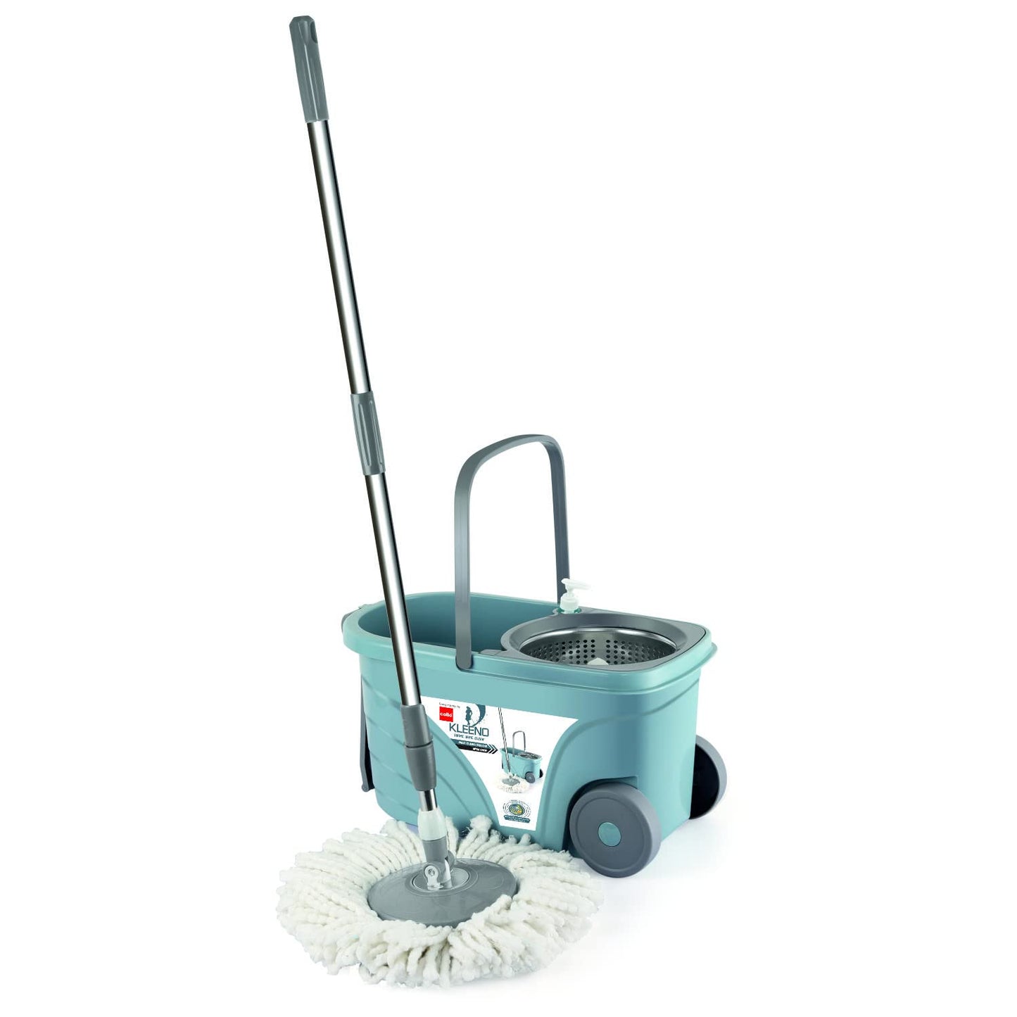 Kleeno by Cello Max Clean Deluxe Stainless Steel Wringer With Big Wheels & Puller Handle, Grey |360° Flexible Mop With 1 Microfiber Refill & Liquid Dispenser|Daily Use Floor Cleaning Pocha With Bucket