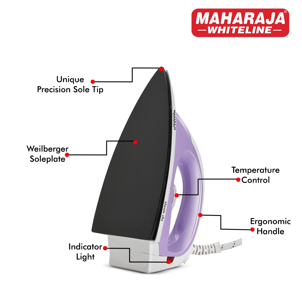 Maharaja Whiteline Plastic Sleek Dlx Pro Dry Iron, 1000W (Pastel Violet & White), 1000 Watts