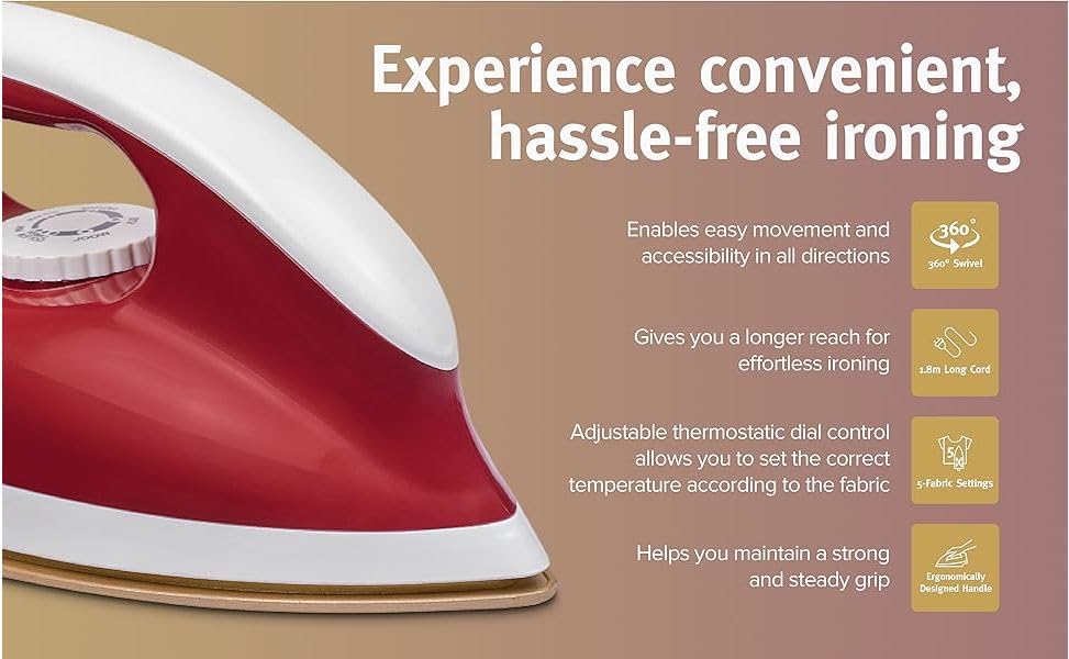 USHA Goliath Heavy Weight 1200 Watts Dry Iron, 1.8 Kg(Red), 1200 Watt