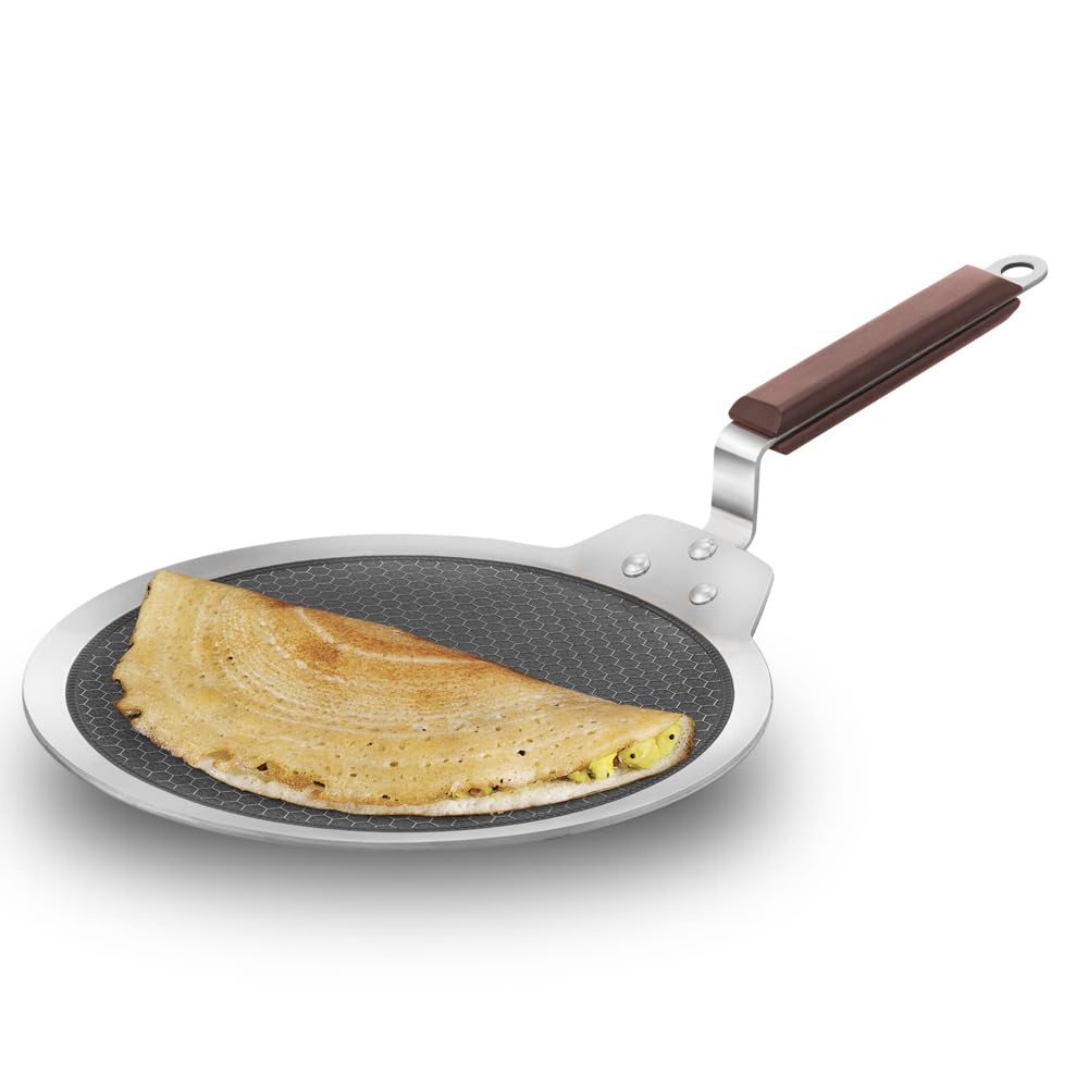 Hawkins 28 cm Dosa Tava, Triply Stainless Steel Shielded Nonstick Tawa with Rosewood Handle, Honeycomb Non Stick Induction Tawa, Silver (NSDT28)