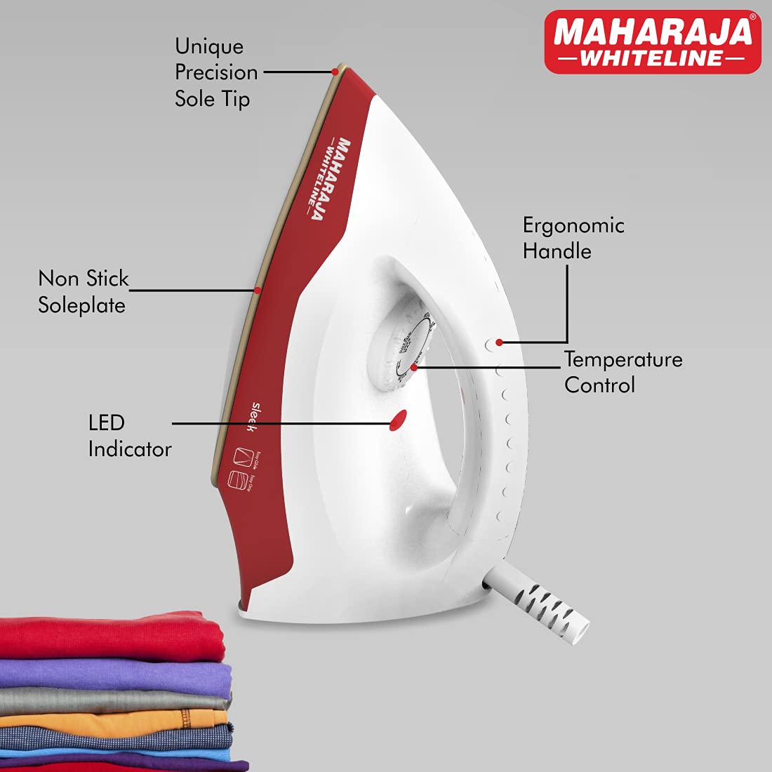 Maharaja Whiteline Sleek Dry Iron, 1000W (White & Cherry Red), Standard (Sleek / DI-129)