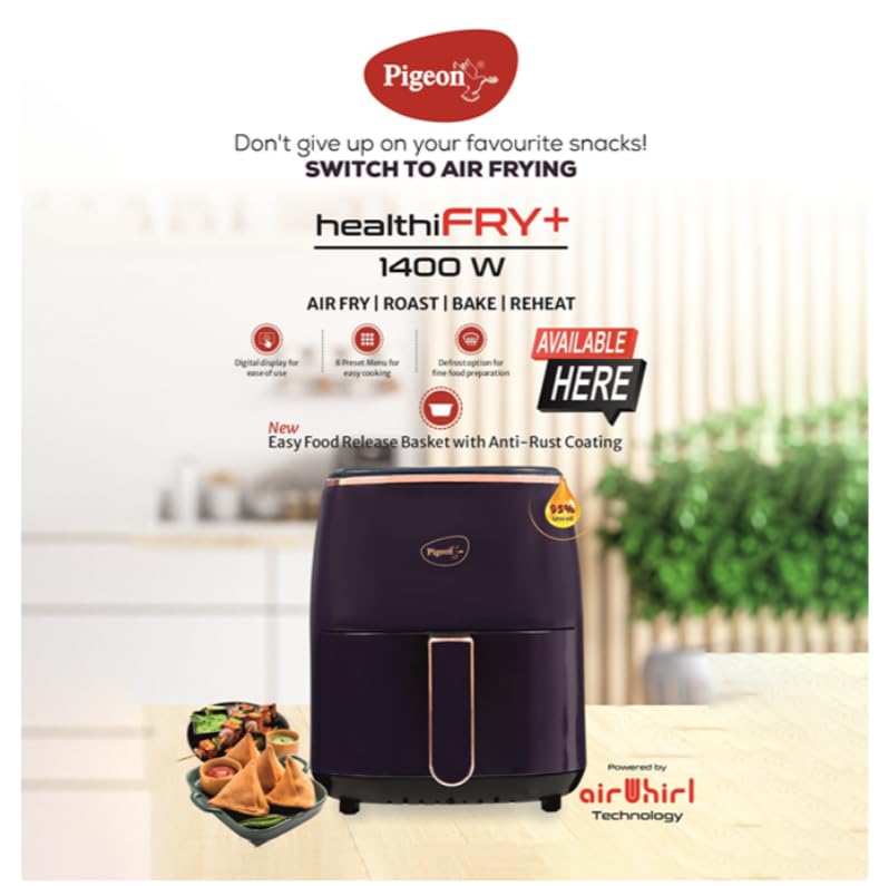 Pigeon Healthifry Plus Digital Air Fryer, 360° High Speed Air Circulation Technology 1400 W with Non-Stick 4.2 L Basket - Purple