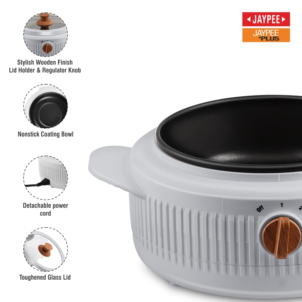 Jaypee Plus Electric CookSmart Casserole with Teflon NonStick Coating Bowl for Reheating & Cooking, Serving Casserole Wooden Finish Lid & Regulator Knob Toughened Glass Lid, 1500 ml, Grey