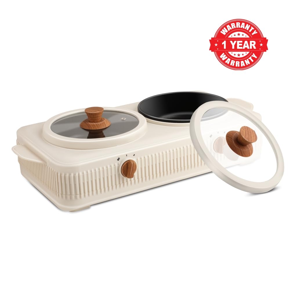 Jaypee Plus Electric CookSmart Casserole 3-in-1 Dual Cooking Station with Teflon NonStick Coating Bowl for Reheating & Cooking,Wooden Finish Lid & Regulator Knob Toughened Glass Lid,1.5+1.5 Ltr, Ivory