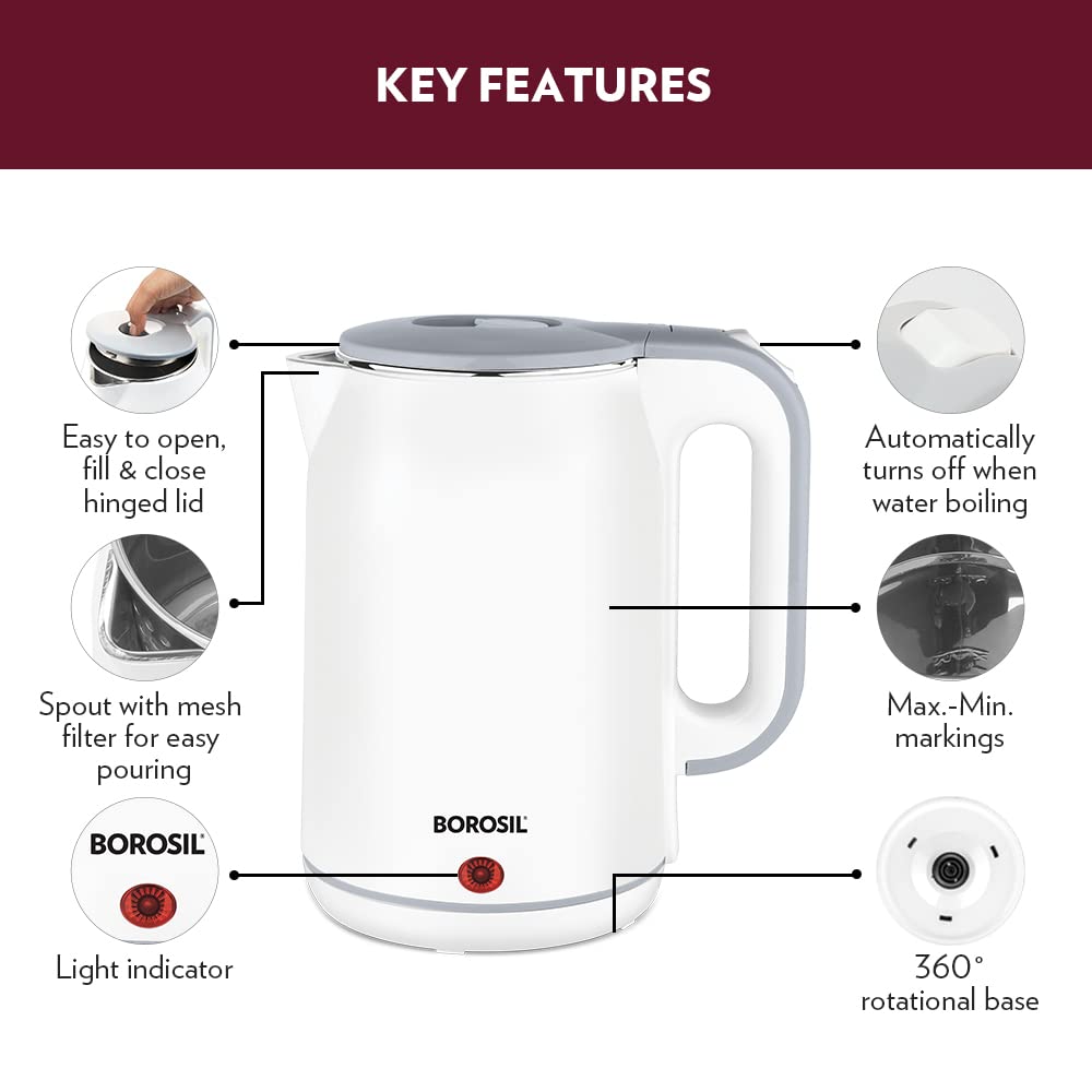 Borosil Cooltouch Electric Kettle, Stainless Steel Inner Body, Boil Water For Tea, Coffee, Soup, Silver, 1800 Watts, 1.8 Liter