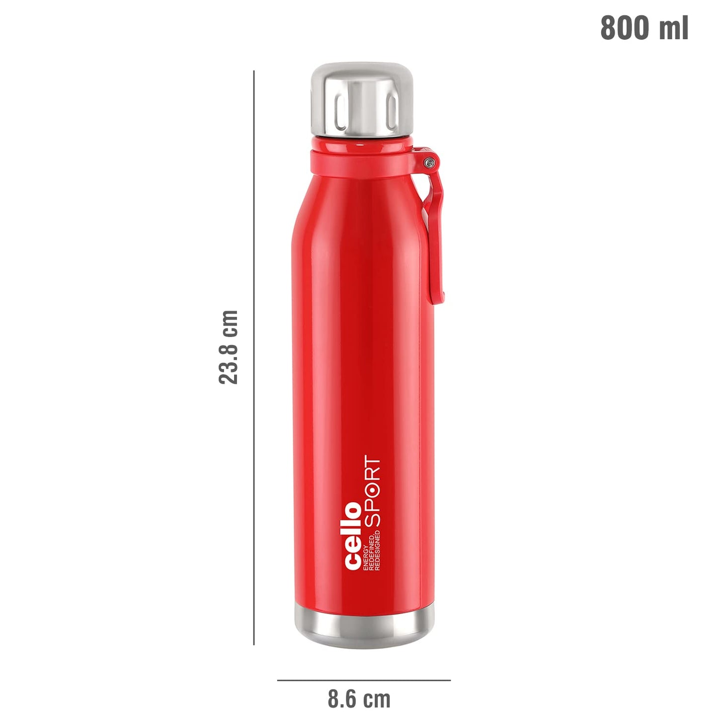 Cello Bentley Stainless Steel Flask, 800ml, Red | 24 Hours Hot and Cold Thermoflask | Leak Proof & Screw Top Lid | Ideal for Office, Gym, Home, Kitchen, Hiking, Trekking, Travel Bottle