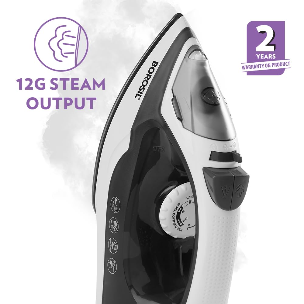 Borosil SmartPress 1380W Steam Iron | Ceramic Soleplate, 12g/min Steam, Vertical & Horizontal Steam Busting, Self Cleaning Function, Overheat Protection | For Dry & Steam Ironing | 2 Years Warranty