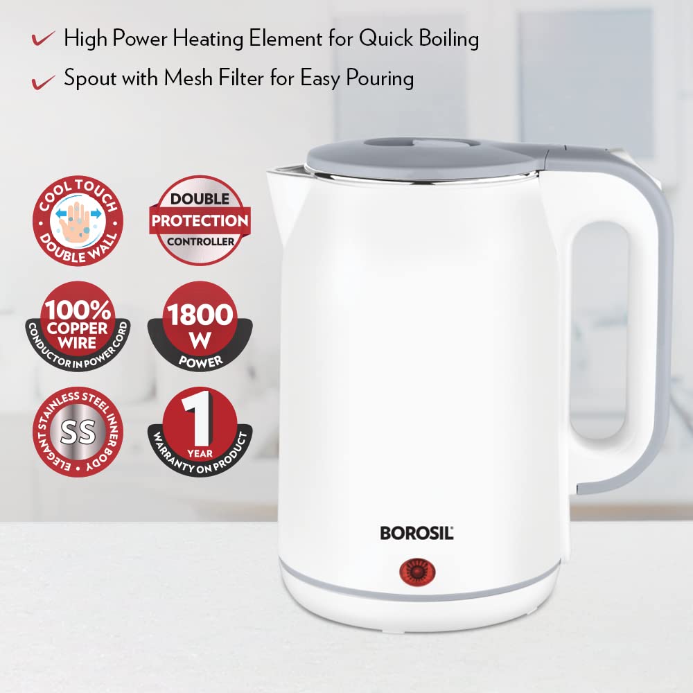 Borosil Cooltouch Electric Kettle, Stainless Steel Inner Body, Boil Water For Tea, Coffee, Soup, Silver, 1800 Watts, 1.8 Liter