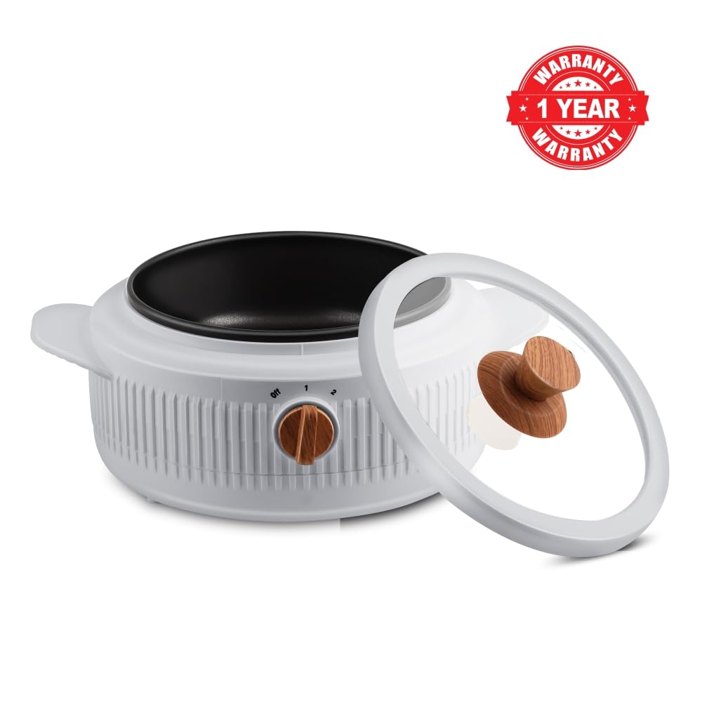Jaypee Plus Electric CookSmart Casserole with Teflon NonStick Coating Bowl for Reheating & Cooking, Serving Casserole Wooden Finish Lid & Regulator Knob Toughened Glass Lid, 1500 ml, Grey