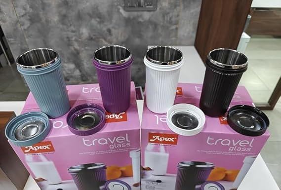 APEX Travel Glass Tumbler, 500 ml, Stainless Steel Inner, Multicolour 1pcs