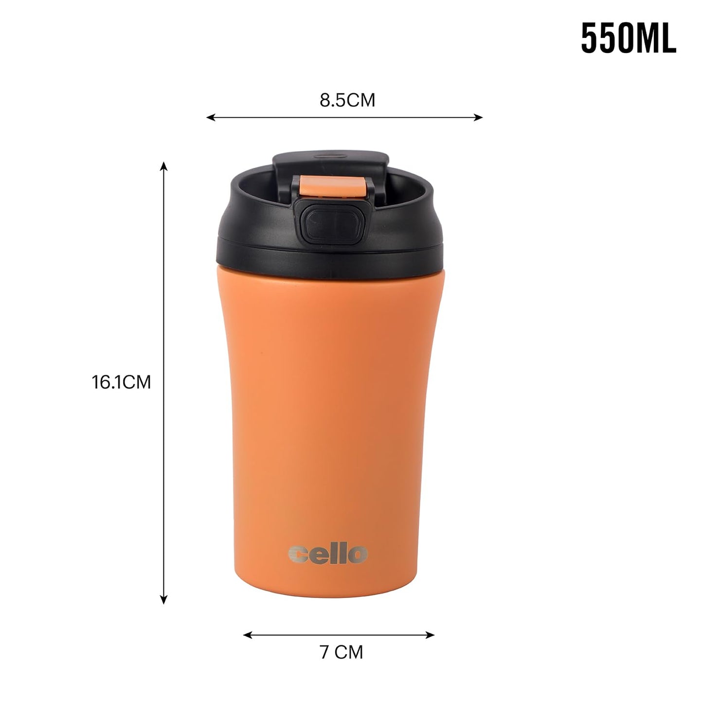 Cello Duro Coffee Mate | Double Walled Stainless Steel with Durable DTP Coating | Vacuum Insulated Travel Flask | for Hot & Cold Drink | 550ml, Orange