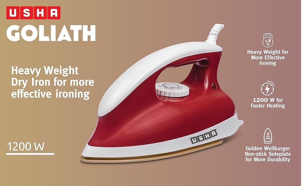 USHA Goliath Heavy Weight 1200 Watts Dry Iron, 1.8 Kg(Red), 1200 Watt