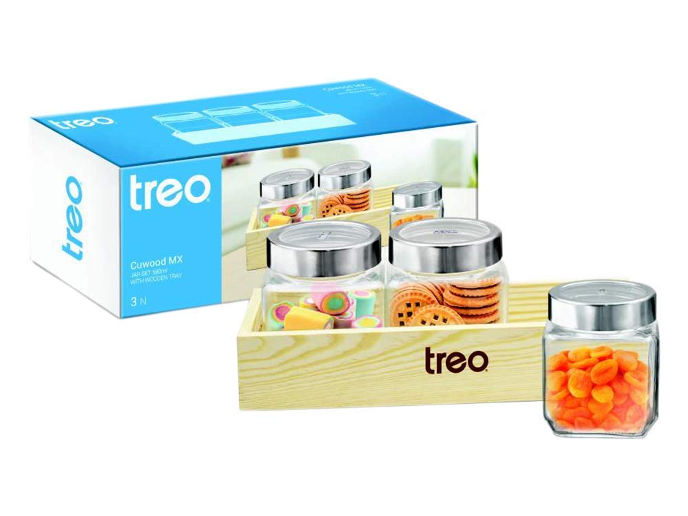 MILTON Treo Cuwood Storage Jar with Wooden Tray Set of 3, 580 Ml, Transparent