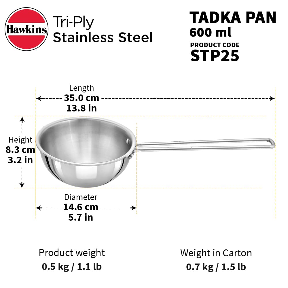 Hawkins 2.5 Cup Tadka Pan, 600ml Triply Stainless Steel Pan, Silver (STP25)