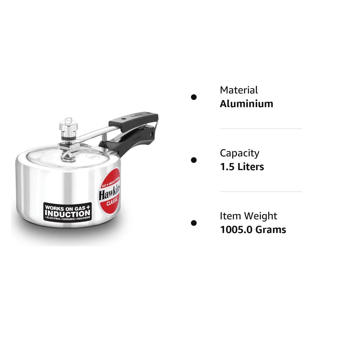 Hawkins 1.5 Litre Classic Aluminium Pressure Cooker, Induction Inner Lid Cooker, Pan Cooker, Best Cooker, Silver (ICL15)