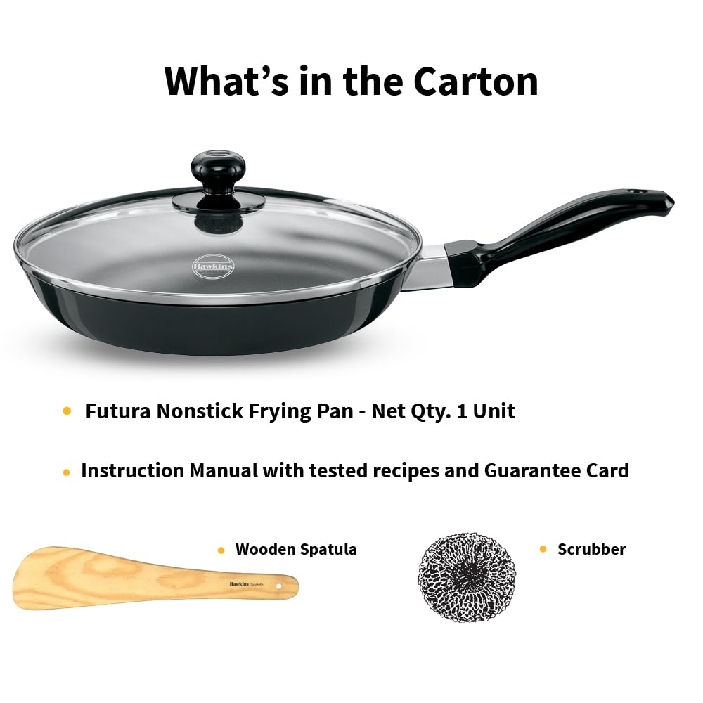 Hawkins Futura 24 cm Frying Pan, Non Stick Fry Pan with Glass Lid, Frypan, Black (NF24G)