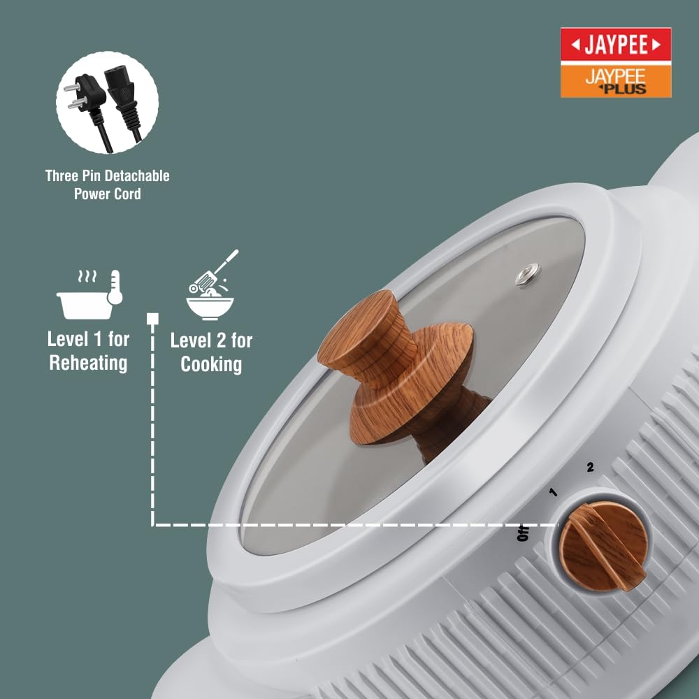 Jaypee Plus Electric CookSmart Casserole with Teflon NonStick Coating Bowl for Reheating & Cooking, Serving Casserole Wooden Finish Lid & Regulator Knob Toughened Glass Lid, 1500 ml, Grey
