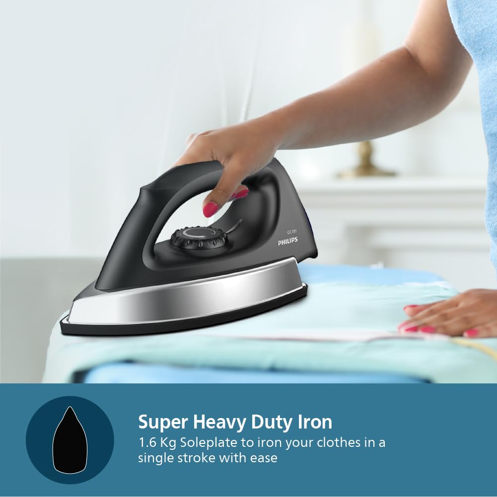 PHILIPS Stainless_Steel Heavyweight Dry Iron Gc181/80-1000 Watts Power, Black Non-Stick Soleplate, Ergonomic Grip