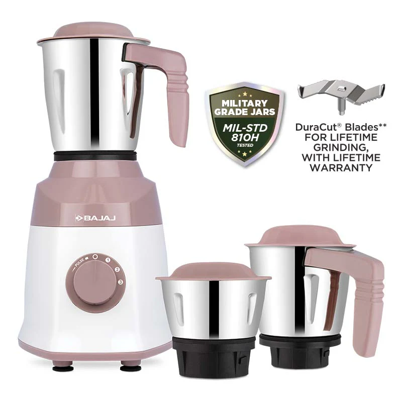 Bajaj Military Series Duetto 500W Mixer Grinder – 3 Stainless Steel Jars, DuraCut Blades, Pulse Mode, Overload Protection, Lilac White