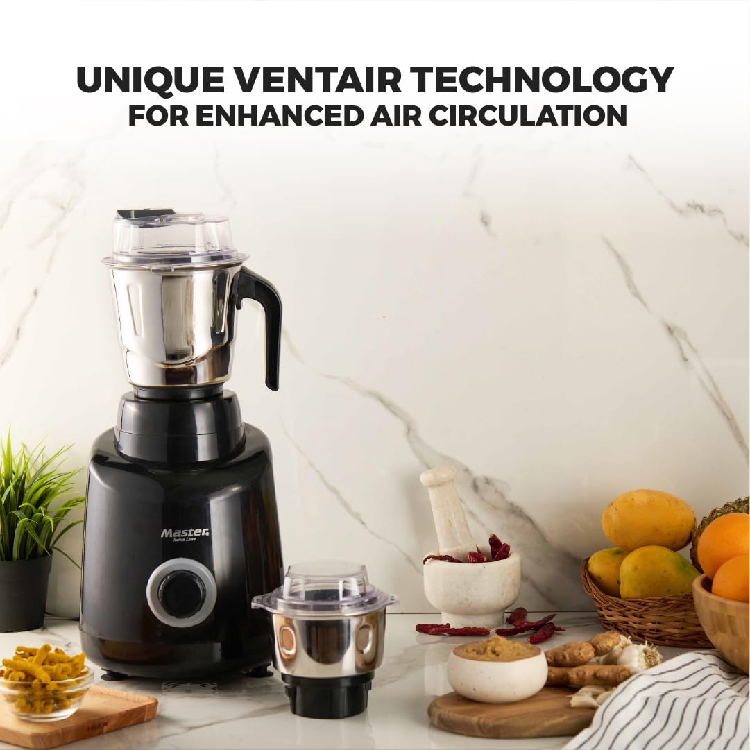 Master Wonder Mixer Grinder, unique VentAir Turbo Powerful 850W, Ultra Grind Technology, 5 Jars (3 Stainless Steel + 2 Polycarbonate), Black, 3 Years Product Warranty, 5 Years Motor Warranty