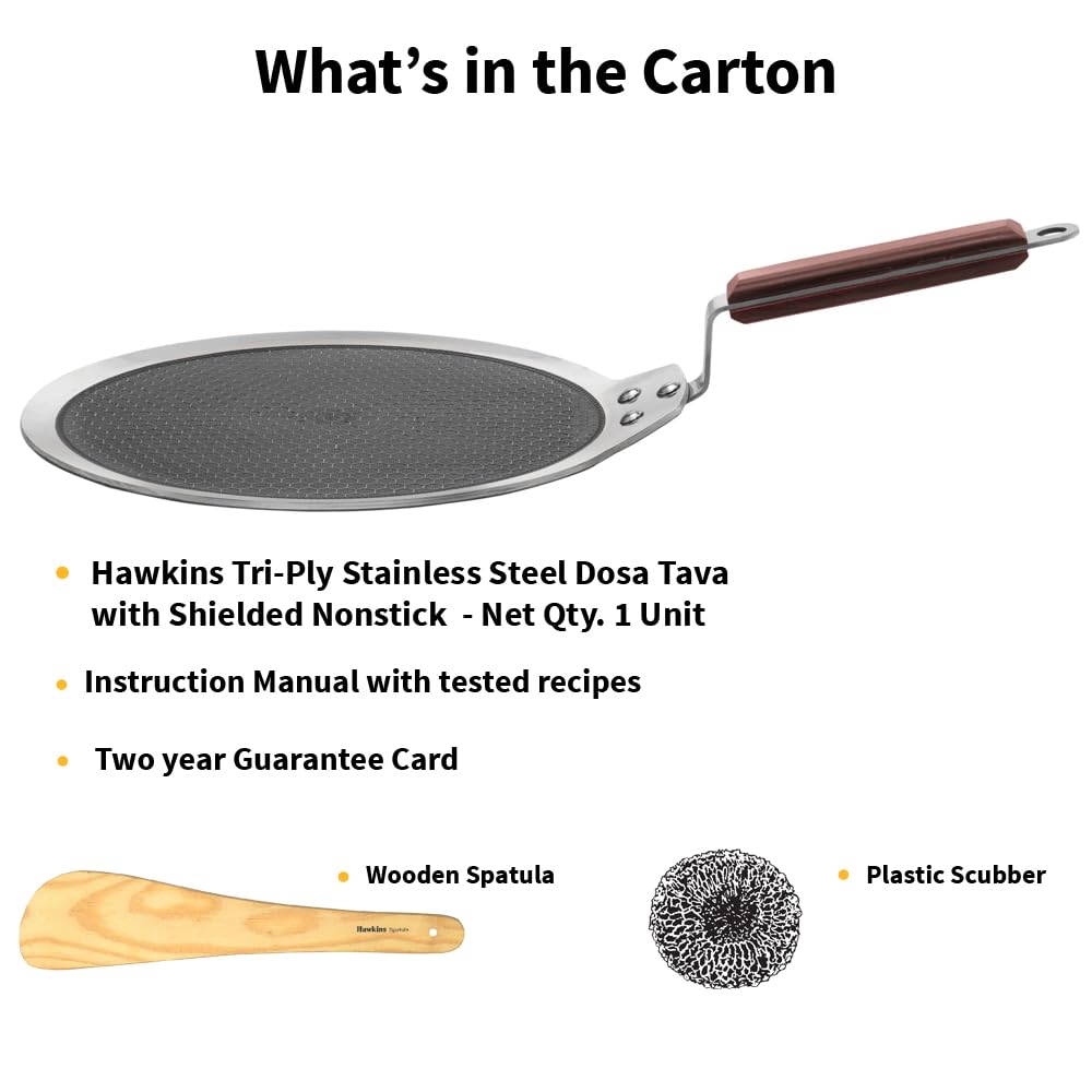 Hawkins 28 cm Dosa Tava, Triply Stainless Steel Shielded Nonstick Tawa with Rosewood Handle, Honeycomb Non Stick Induction Tawa, Silver (NSDT28)