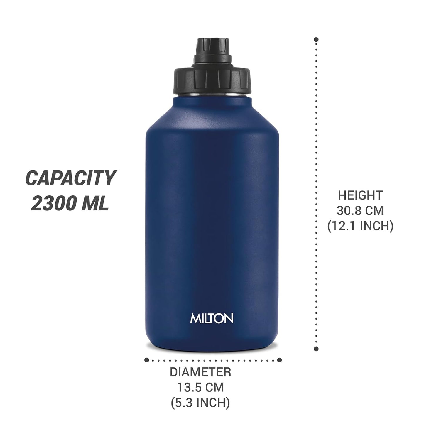 Milton Torrent 2200 Thermosteel Insulated Water Bottle, 2300 ml, Navy Blue | Easy Grip | Leak Proof | Hot or Cold | School | Travel Bottle
