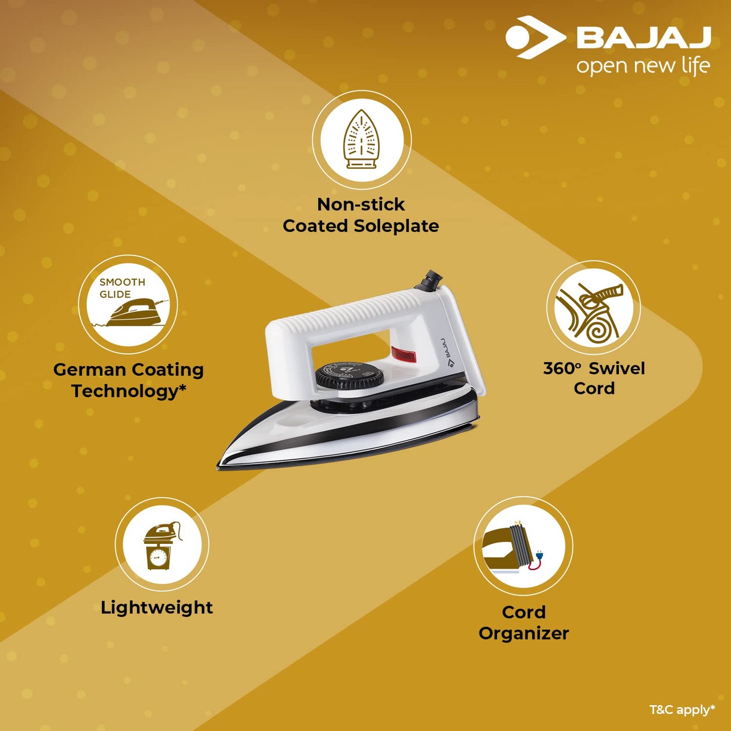 Bajaj Popular Light Weight 1000W Dry Iron | Advance Soleplate And Anti-Bacterial German Coating Technology | 360 Degree Swivel Cord | Cool Touch Handle | 2-Yrs Warranty 【White】