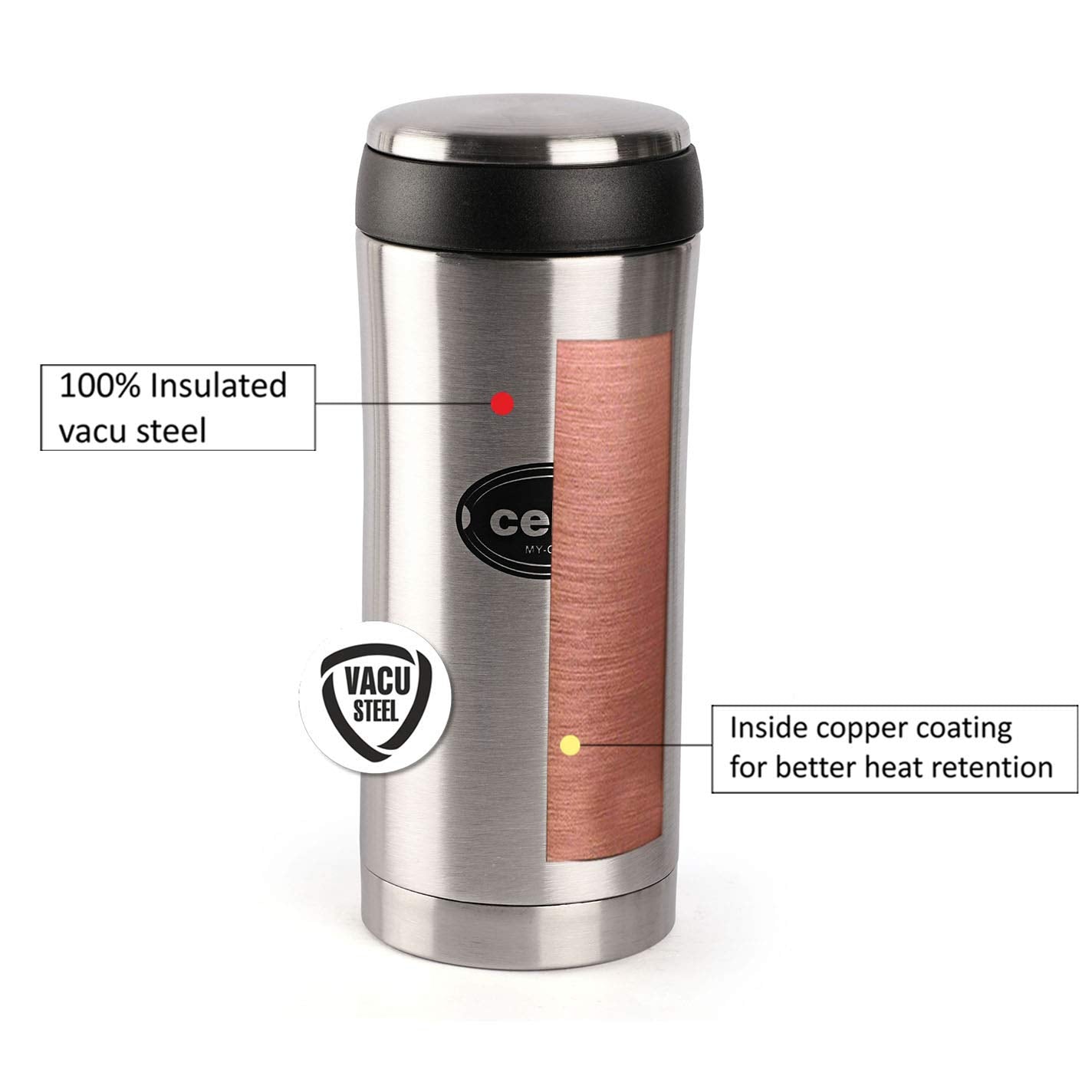 Cello My Cup Stainless Steel Water Bottle | Leak-Proof Cap & Wide Mouth Opening | Thermo Steel Technology | Ideal for Gym or Various Outdoor Activities Like Hiking, Trekking | 350ml- Silver