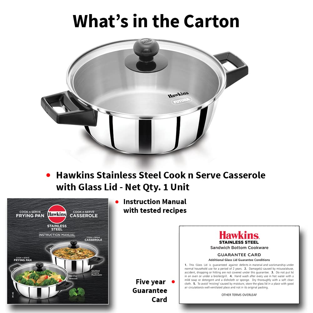 Hawkins 2 Litre Cook n Serve Casserole, Stainless Steel Saucepan with Glass Lid, Induction Pan, Sauce Pan for Cooking and Serving, Black (SSCB20G)