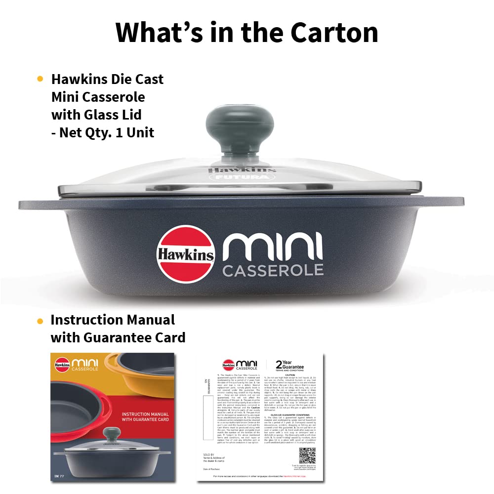 Hawkins 0.75 Litre Mini Casserole with Glass Lid, Oval Shaped Die-Cast pan for Cooking, Reheating, Serving and Storing, Grey (DCG75G)