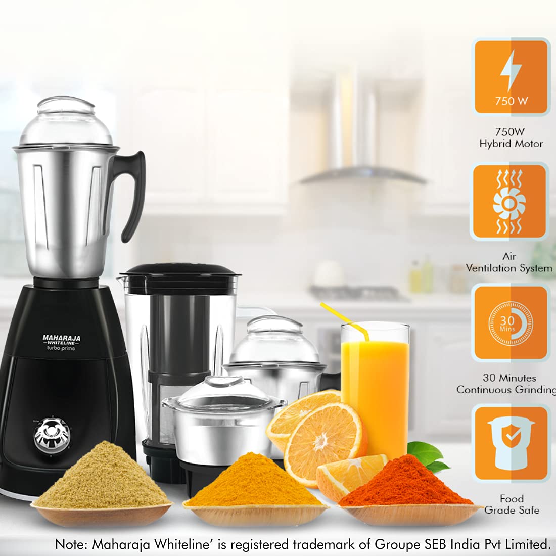 Maharaja Whiteline Turbo Prime Elite 750W Elite Mixer Grinder, Black
