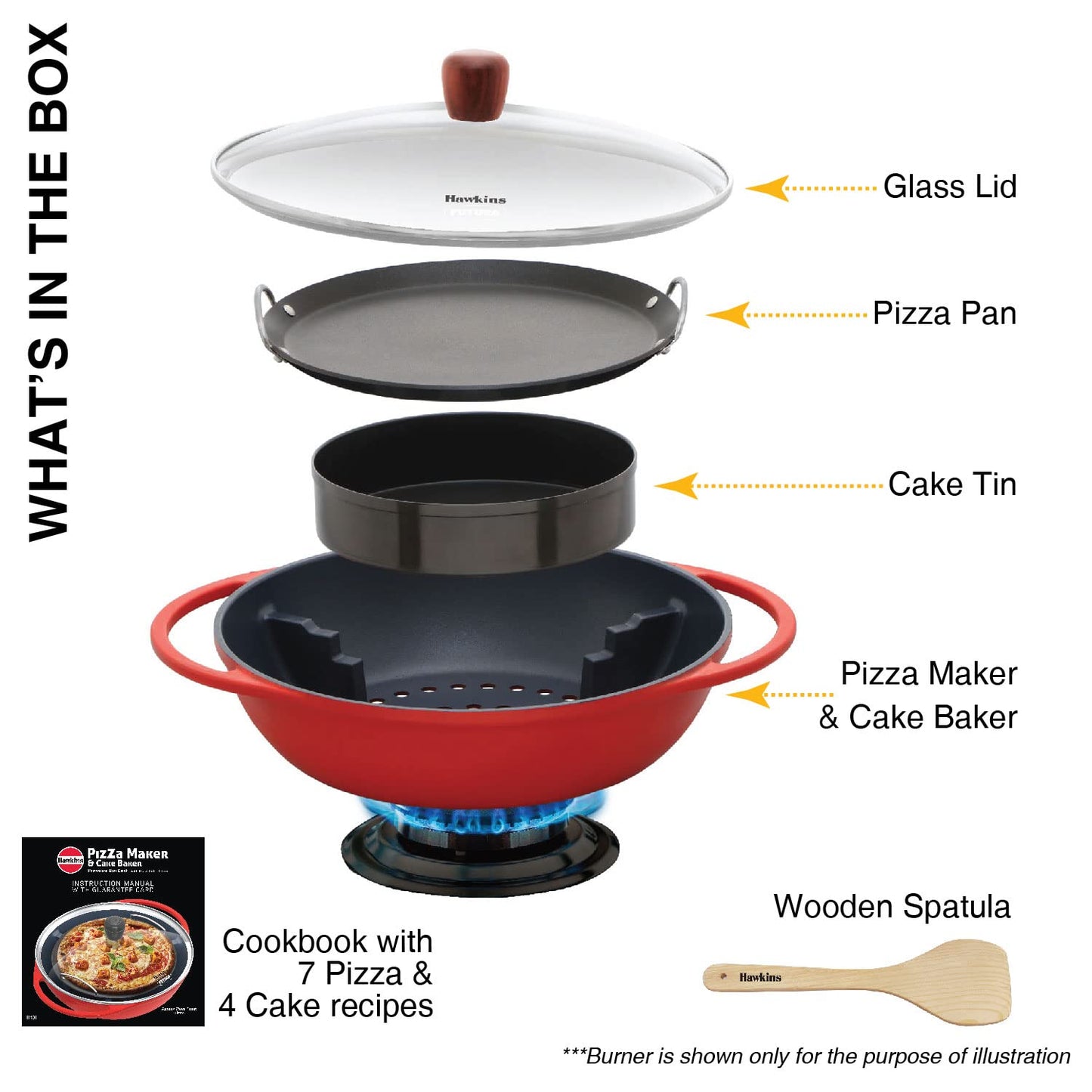 Hawkins Diecast 30 cm Nonstick Pizza Maker and Cake Baker with Glass Lid, Gas Oven, Pizza Oven Toaster Griller Tandoor Barbecue, Cake Baking Pan, Red (PIZZA)
