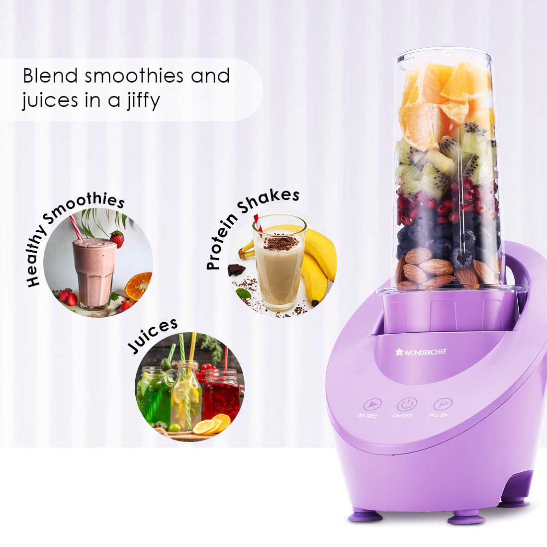 Wonderchef Magneto Blender | Smoothie & Juice Maker | World’s Safest with Magnetic Induction Tech | Variable Speed | Automatic with 60-sec auto-stop | Portable with Sipper Jar | Purple|2-Year Warranty