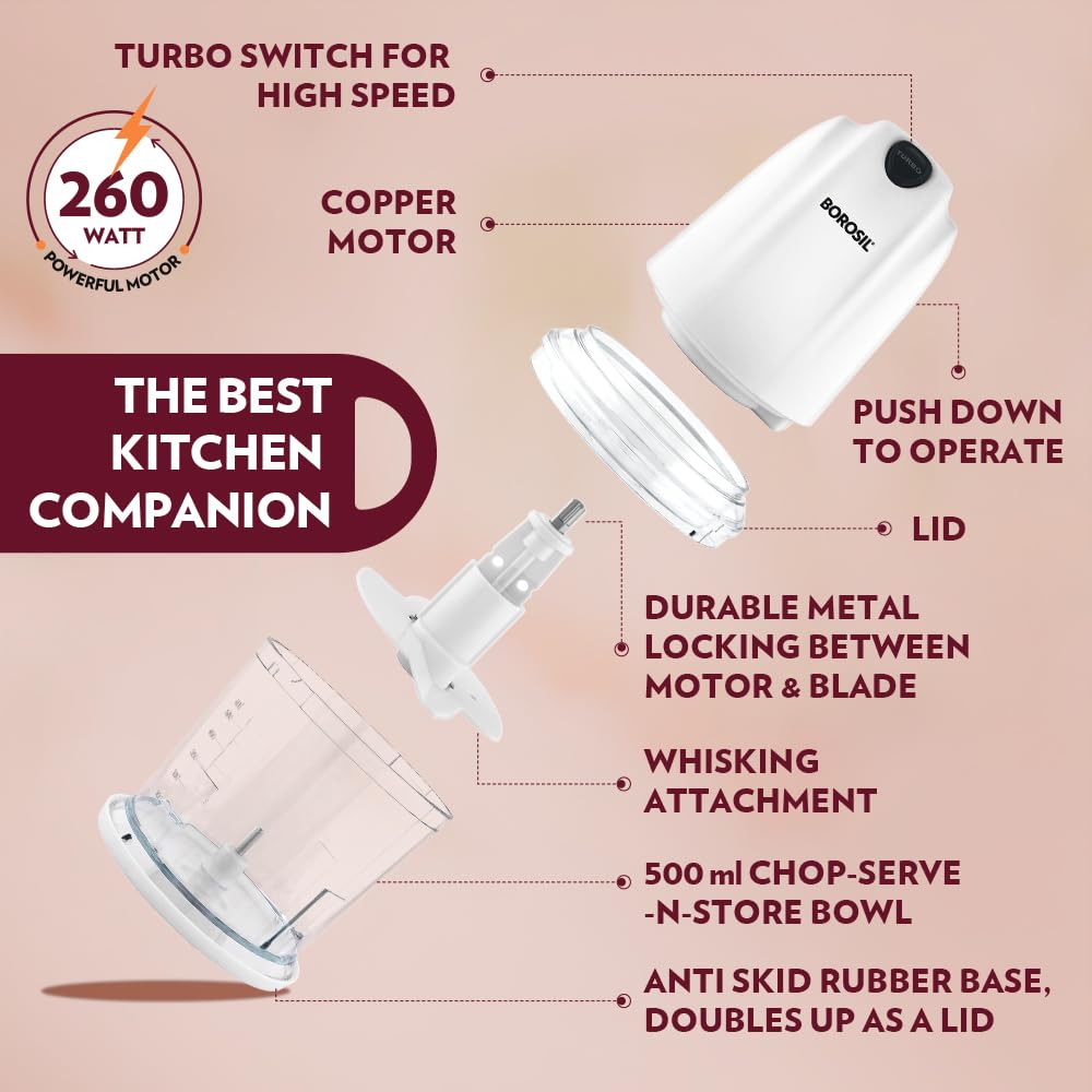 Borosil Chef Delite 260W Electric Chopper For Kitchen Use, White Chopper, Kitchen Accessories Items, Turbo Speed Option, Stainless Steel Blades, Whisking Blade for Cream, Chaas, Lassi