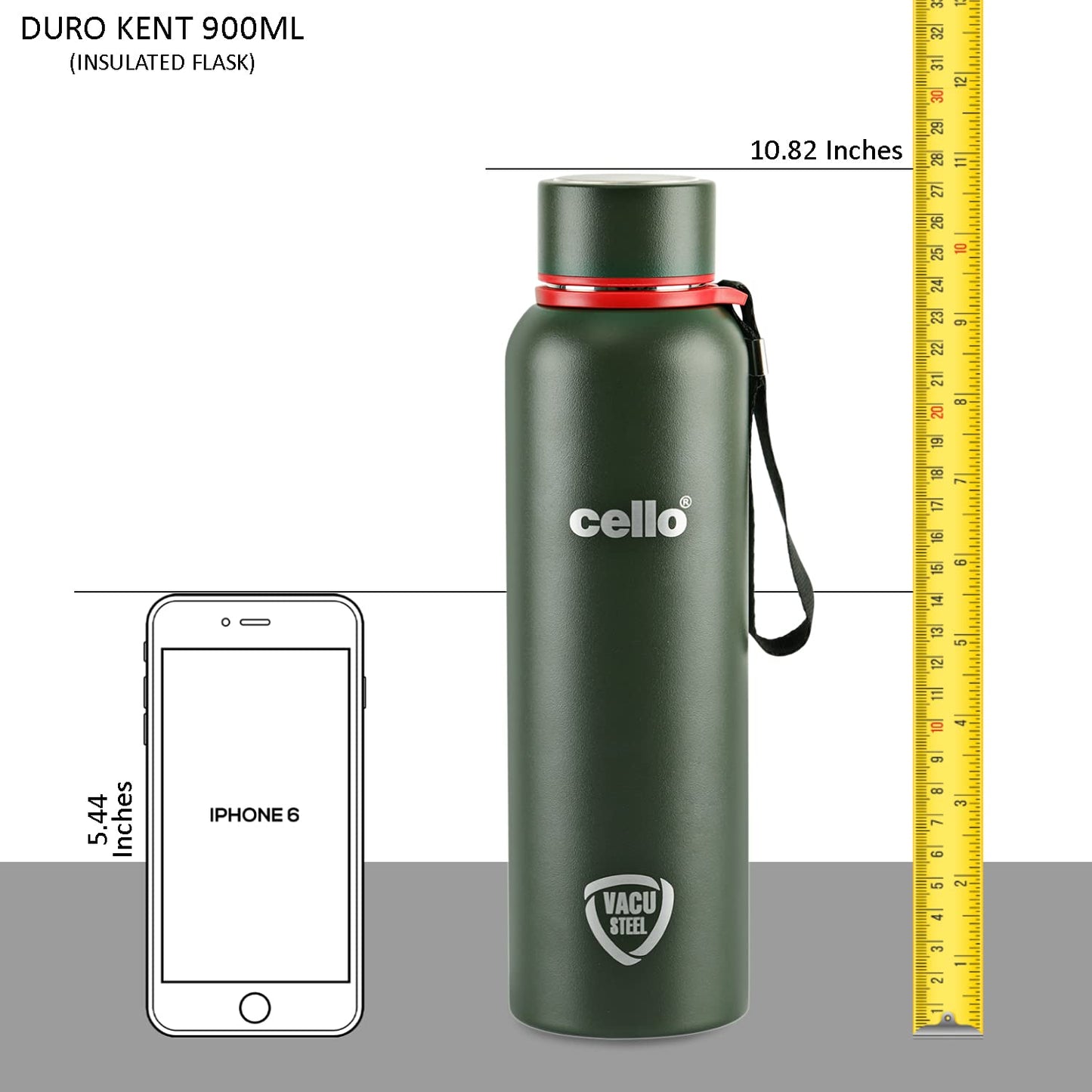 Cello Kent Stainless Steel Flask with DTP Coating, 900ml, Military Green | Prolonged Hours Hot and Cold Thermosteel Bottle | Flask for tea coffee | Ideal for Office, Gym, Home, Hiking, Travel Bottle