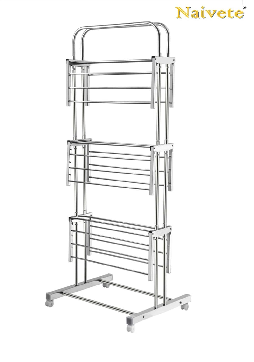 Stainless Steel Folding Extra Large 3 Tier Bedroom Outdoor Clothes Drying Rack Airer Laundry Dryer Rack Floor Standing Clothes Hangers with Wheels Cloth Shoes Hanger