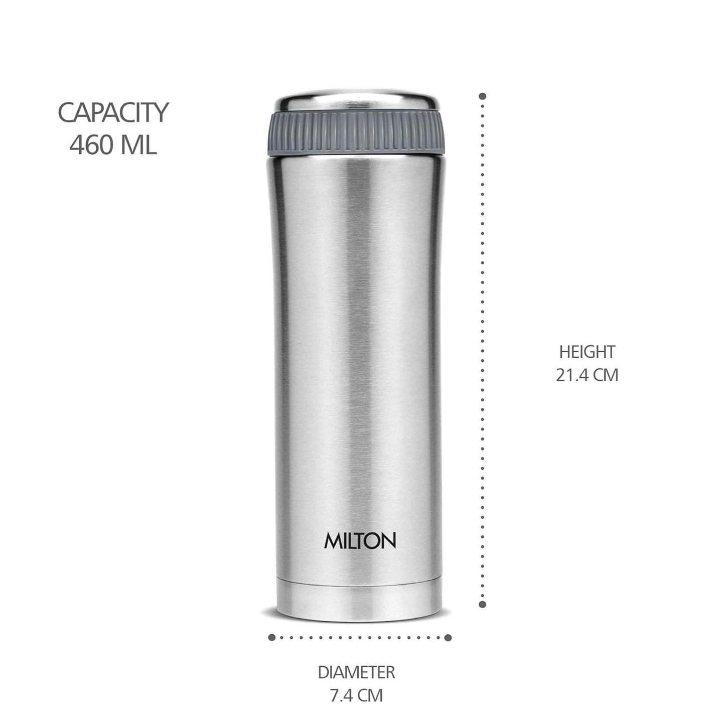 Milton Optima 500 Thermosteel Hot and Cold Flask, 460 ml, Silver | ISI Certified | Vacuum Insulated | Rust Proof | Leak Proof | Tea | Coffee | Juice