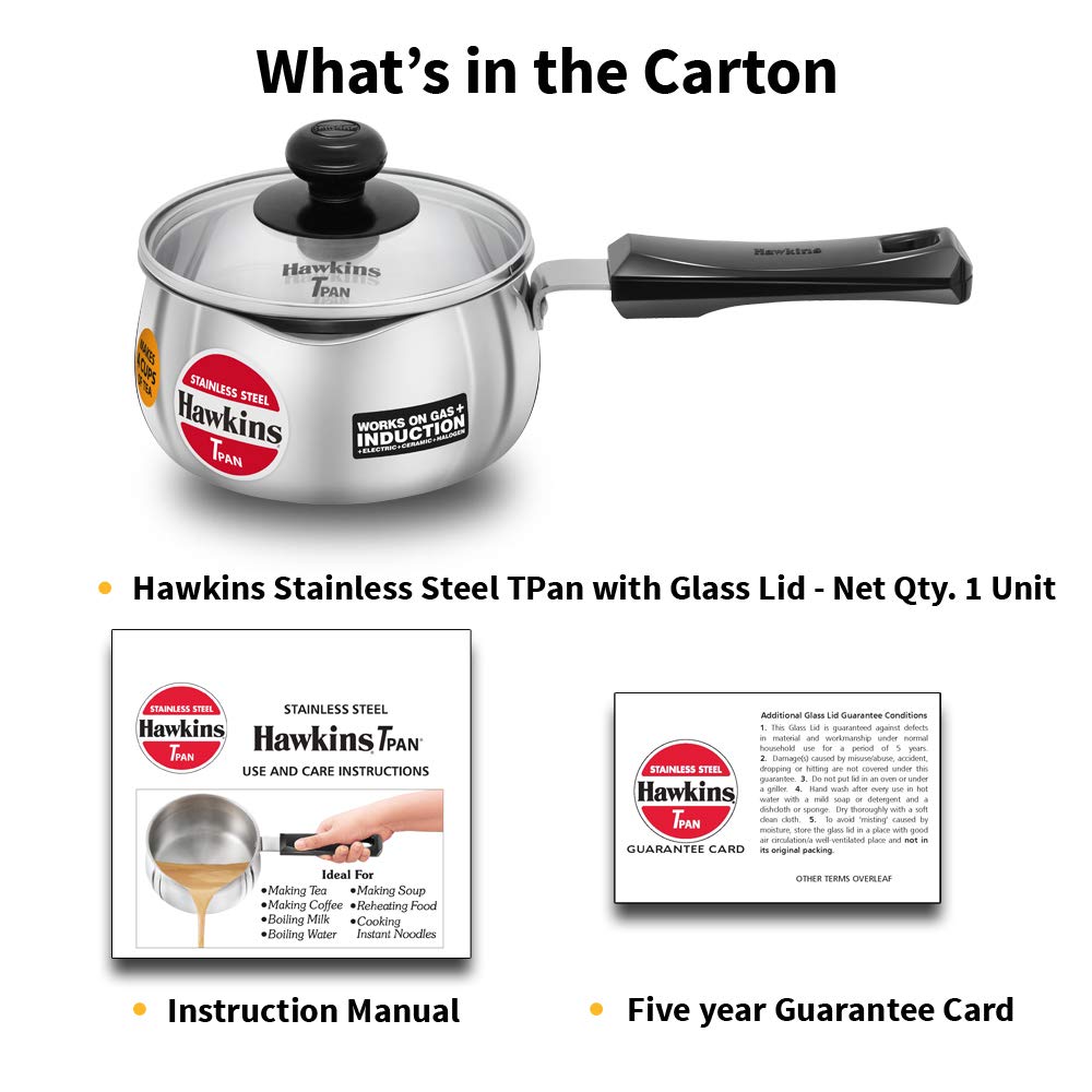 Hawkins 1 Litre Tpan, Stainless Steel Tea Pan with Glass Lid, Induction Sauce Pan, Chai Pan, Small Pan, Silver (SST10G)