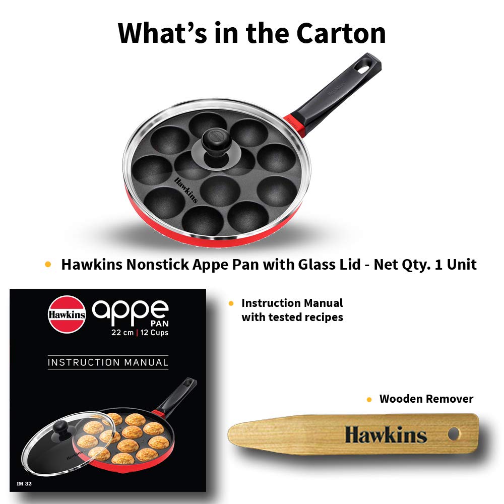 Hawkins Nonstick Appe Pan with Glass Lid, 12 Cups, Diameter 22 cm, Black , Cast Aluminium, Red